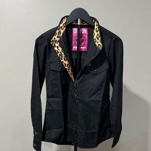 DIXXON Women's Black Shirt with Leopard Trim